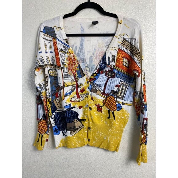 Morning Apple Paris Artsy V-neck Button Front Cardigan Sweater size Medium Fall - Picture 1 of 15